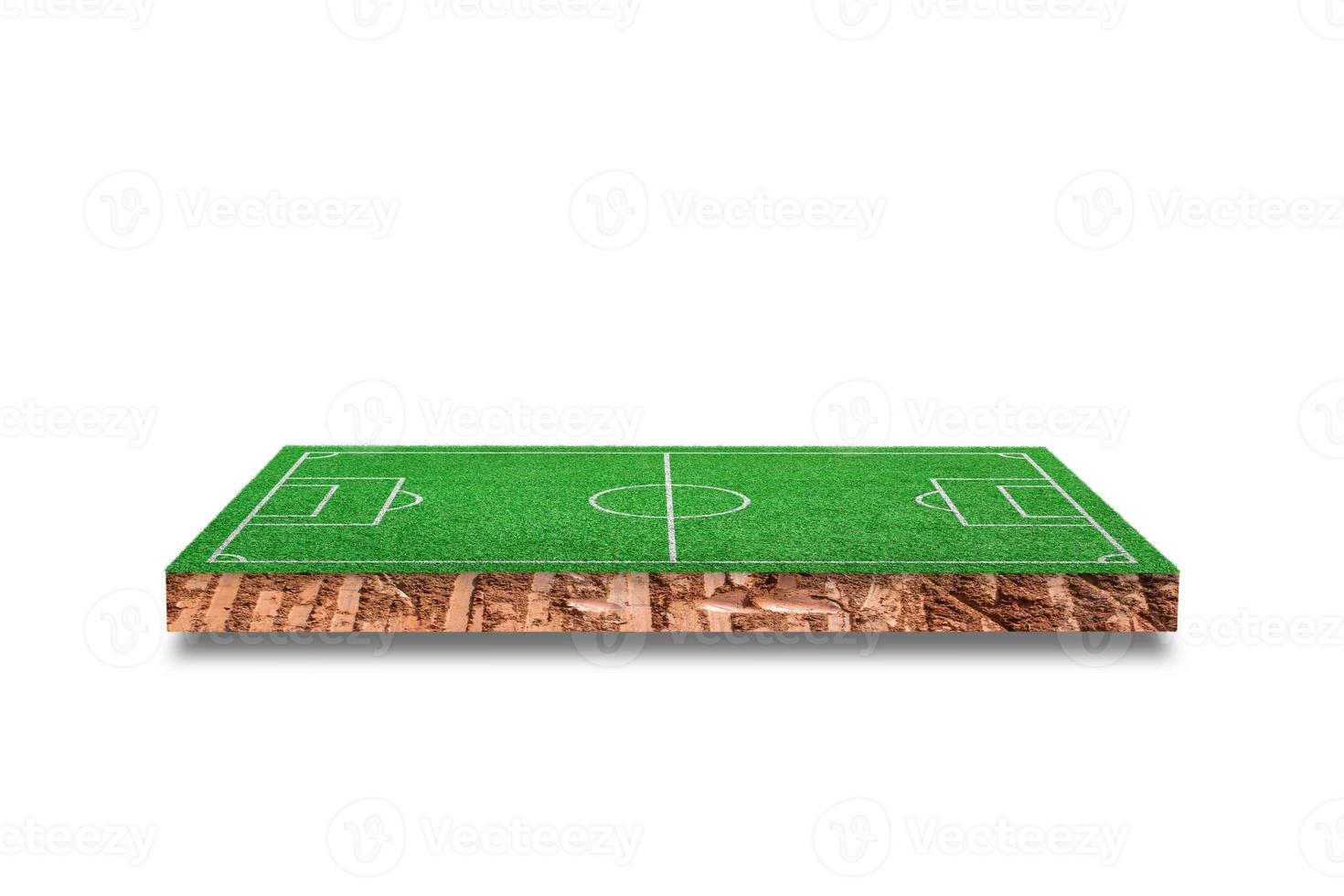Soil cubic cross section with green grass football field isolated on white background. 3D rendering. photo