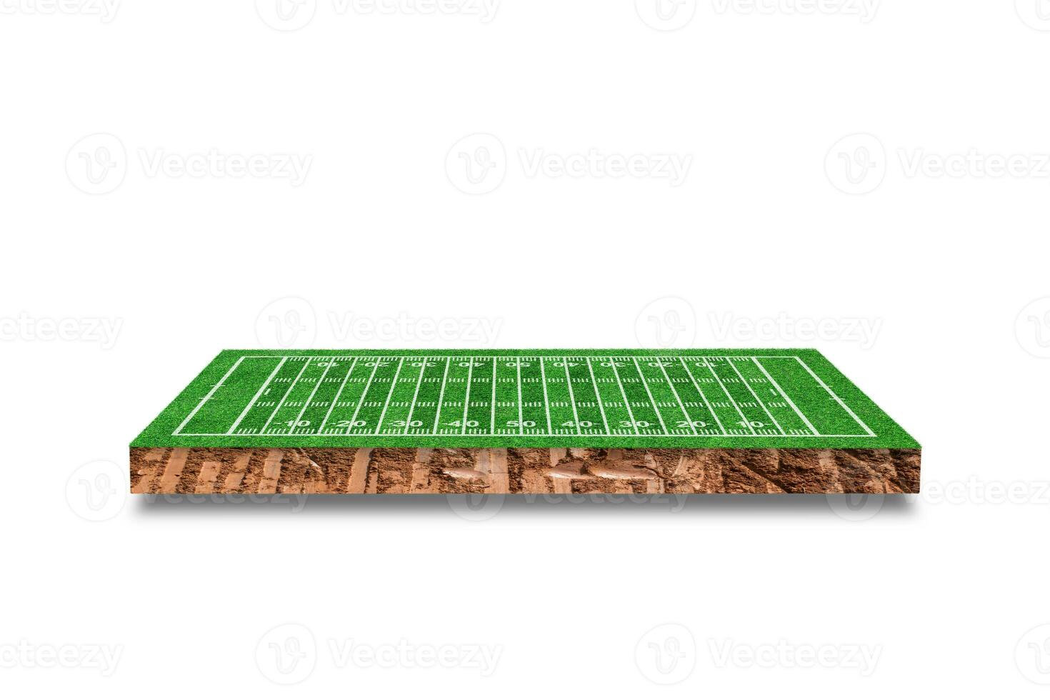 Sección transversal cúbica del suelo con campo de fútbol americano aislado sobre fondo blanco. representación 3d foto