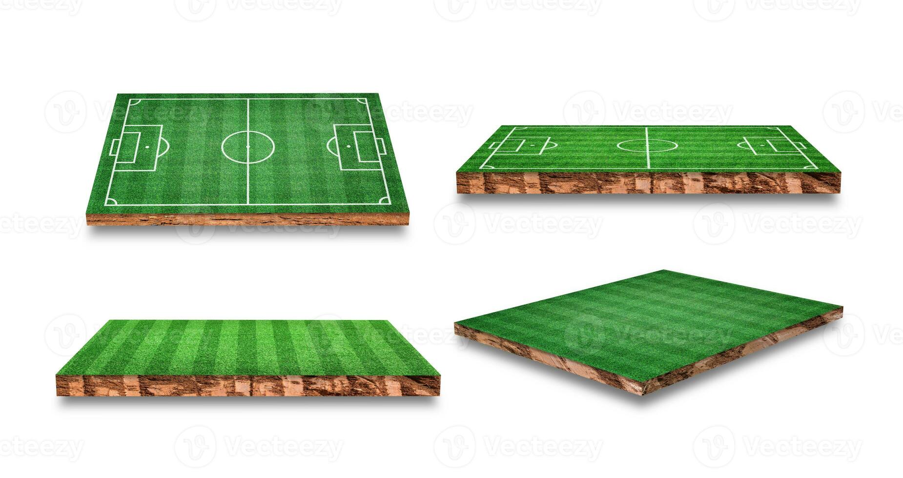 colección de sección transversal del suelo con campo de fútbol de hierba aislado sobre fondo blanco. representación 3d foto