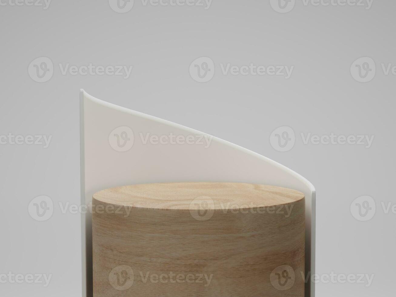 3d render. Abstract geometric background, cylinder podium, modern minimalist mockup. Wood podium on white background. photo