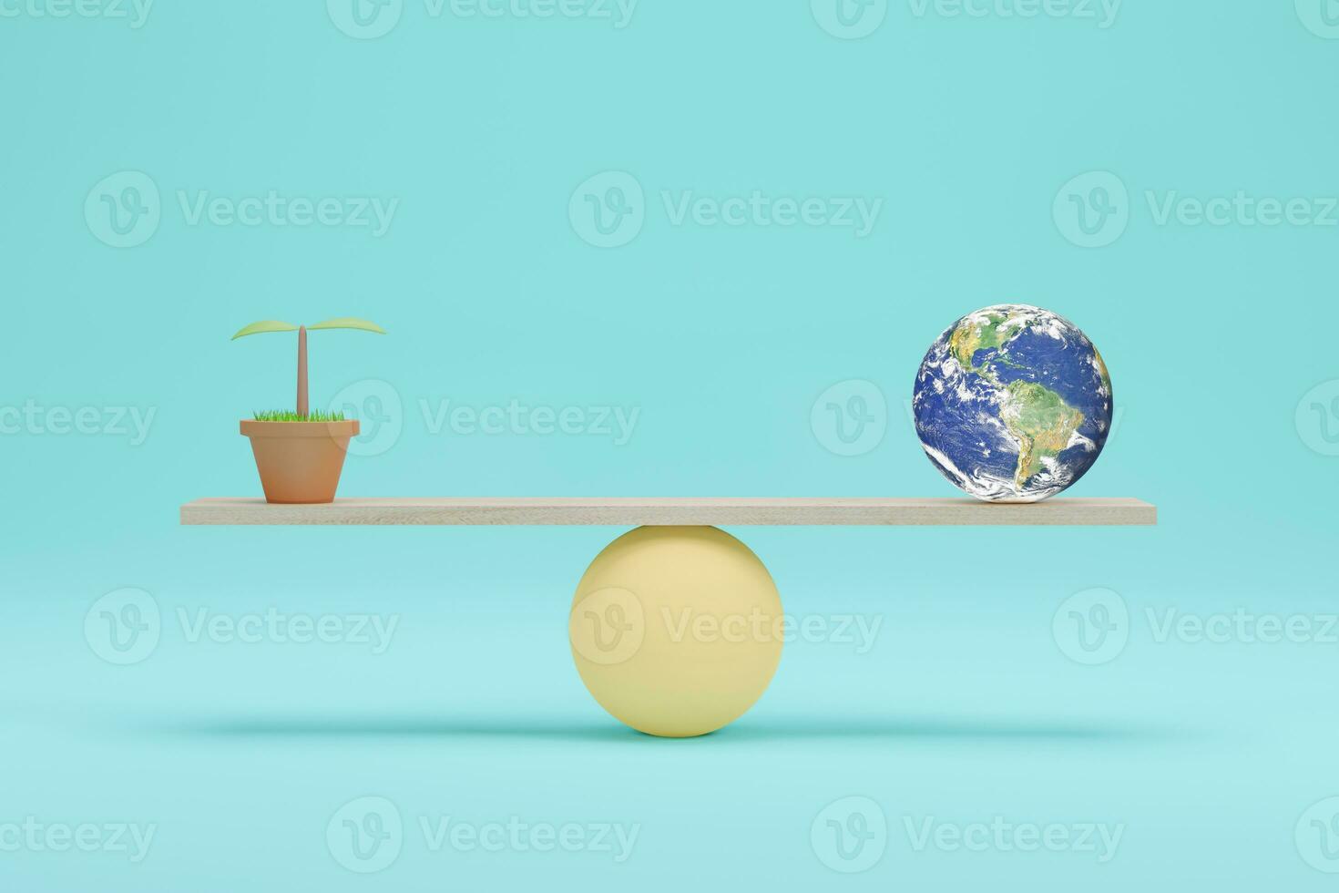 Earth globe vs seedlings on scales, 3D illustration. Ecology and costs balance concept. Elements of this image furnished by NASA photo