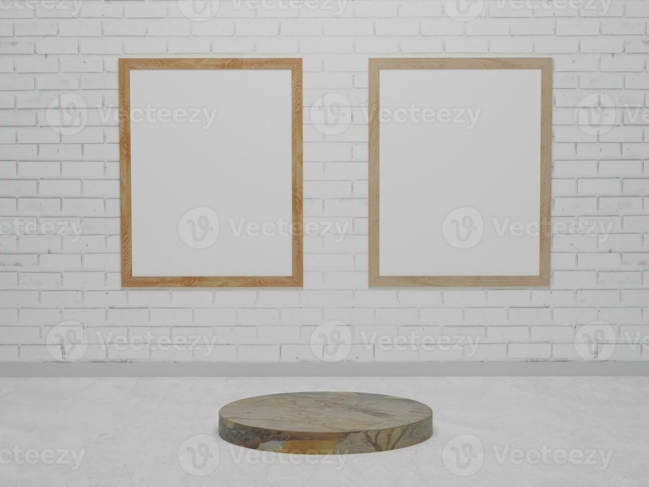 Platform products minimal cement podium on white brick wall. Abstract minimalism with picture frame background. 3d render, 3d illustration photo