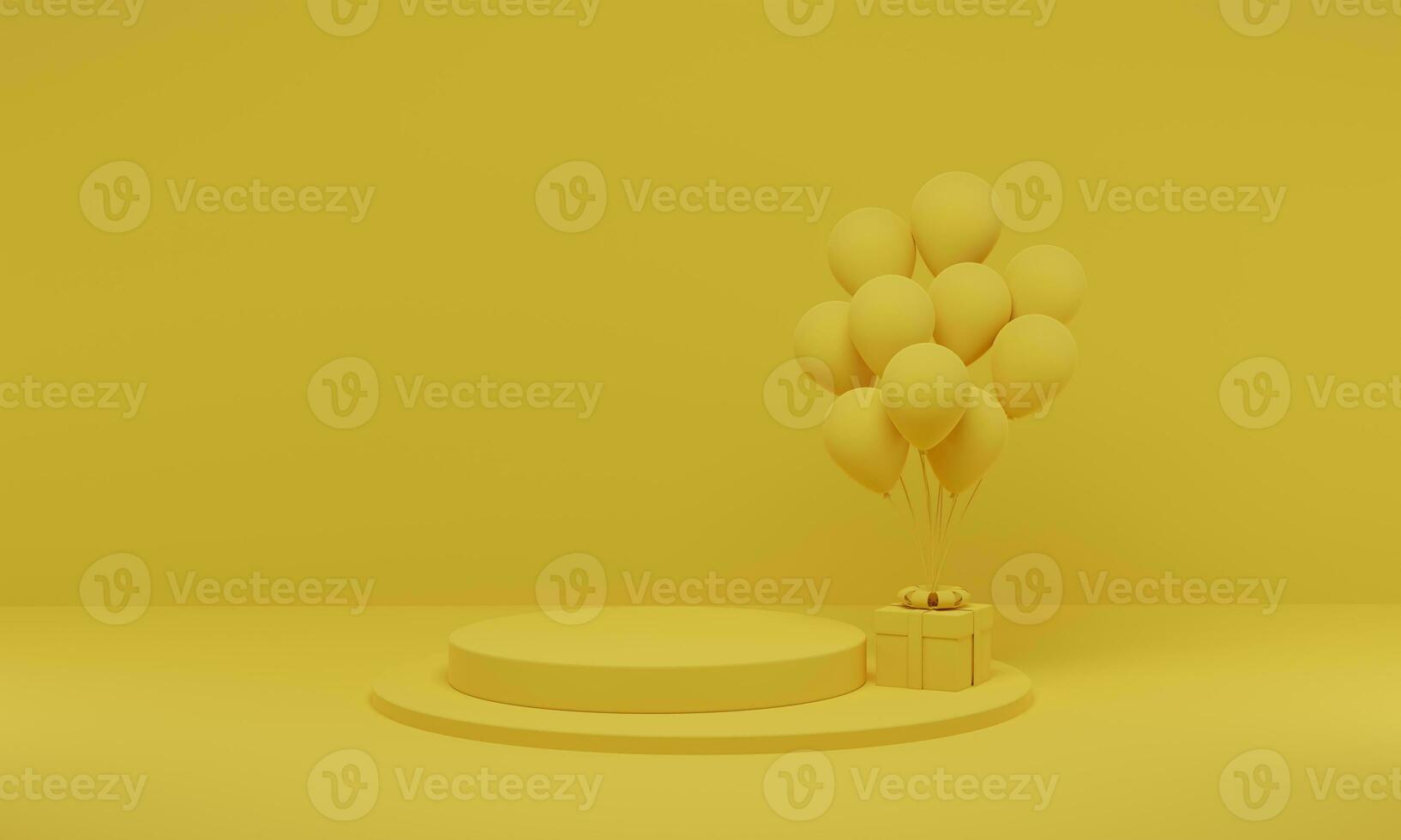 3D rendering. Yellow cylinder podium minimal with balloon on studio background. Abstract geometric shape platform with empty space. photo