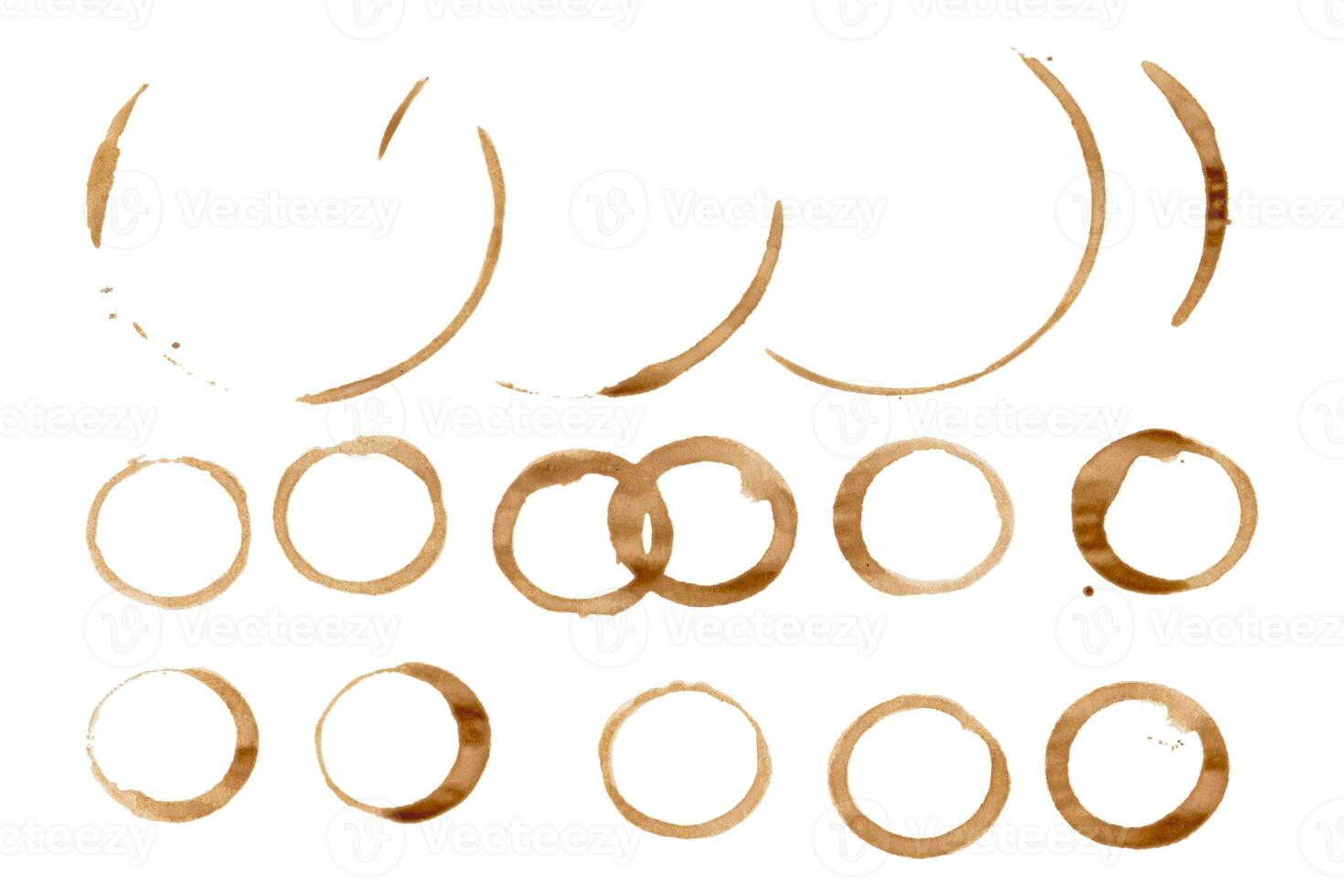 Collection of different coffee stains on a white background. photo