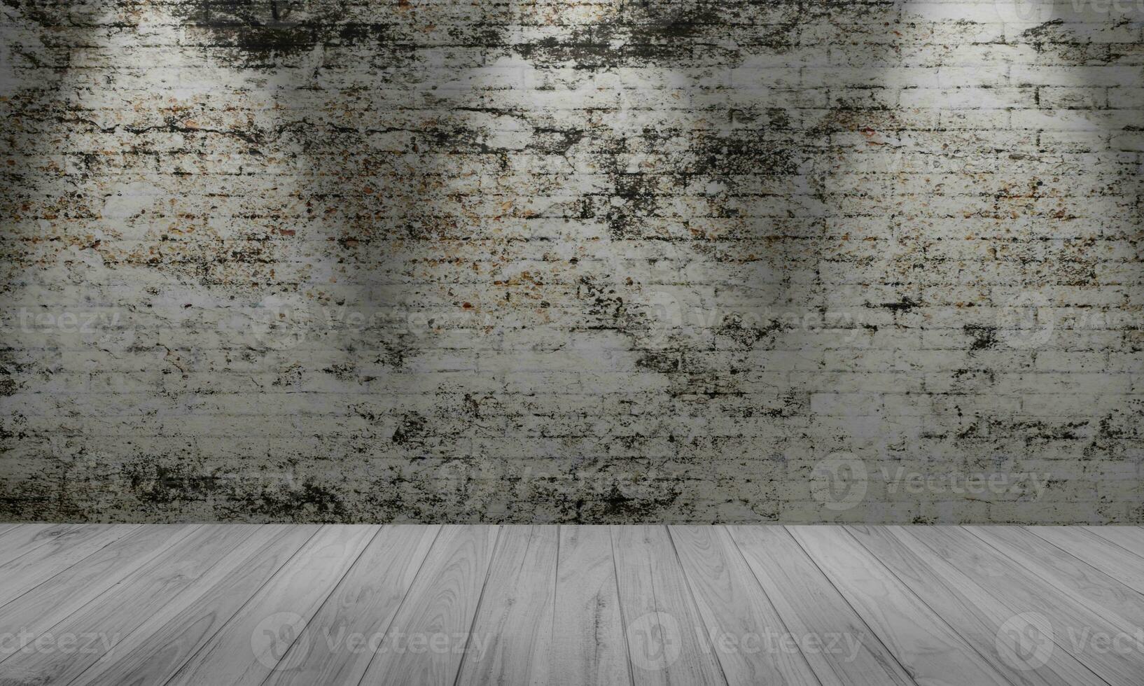 White brick wall and wood floor. Modern bright interior. Empty room with spotlight. 3D rendering photo