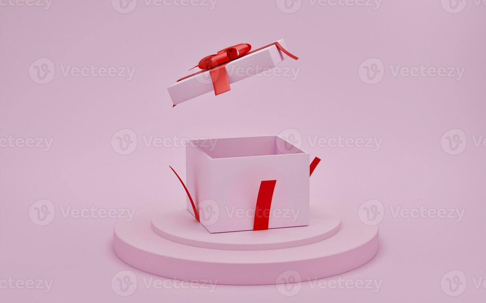 caja de regalo abierta con cinta roja en el podio de presentación con fondo de color rosa, concepto de día de San Valentín, representación 3d foto