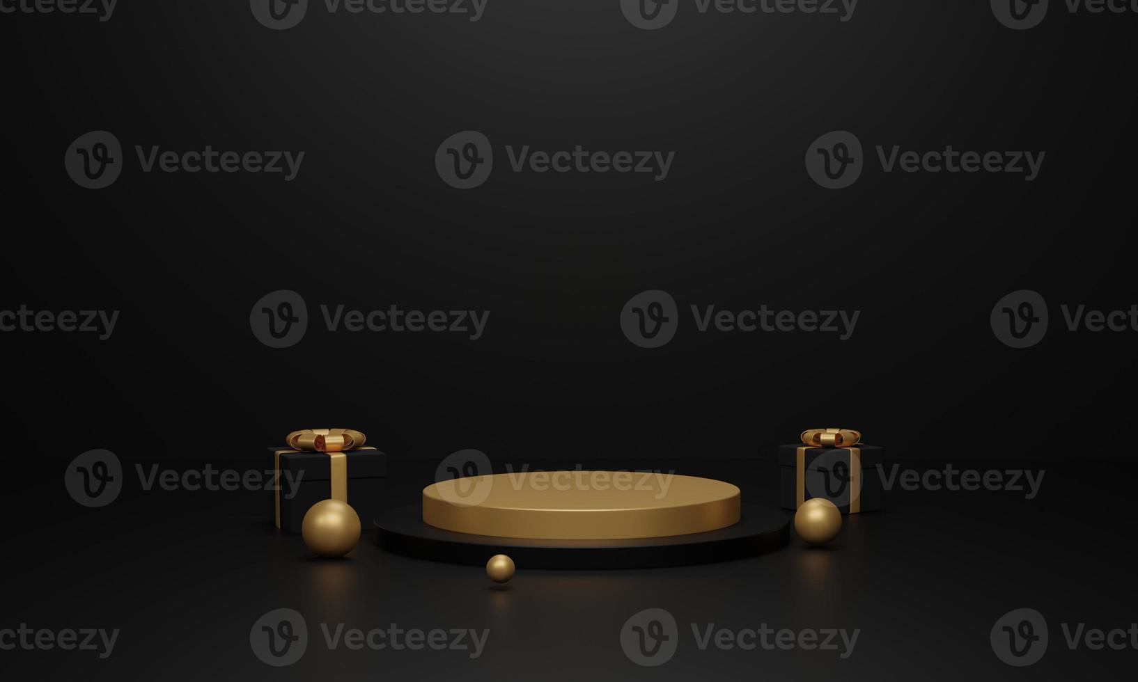 3D render. black podium and gift box with gold bows. Minimal product background for Christmas, New year and sale event concept. photo