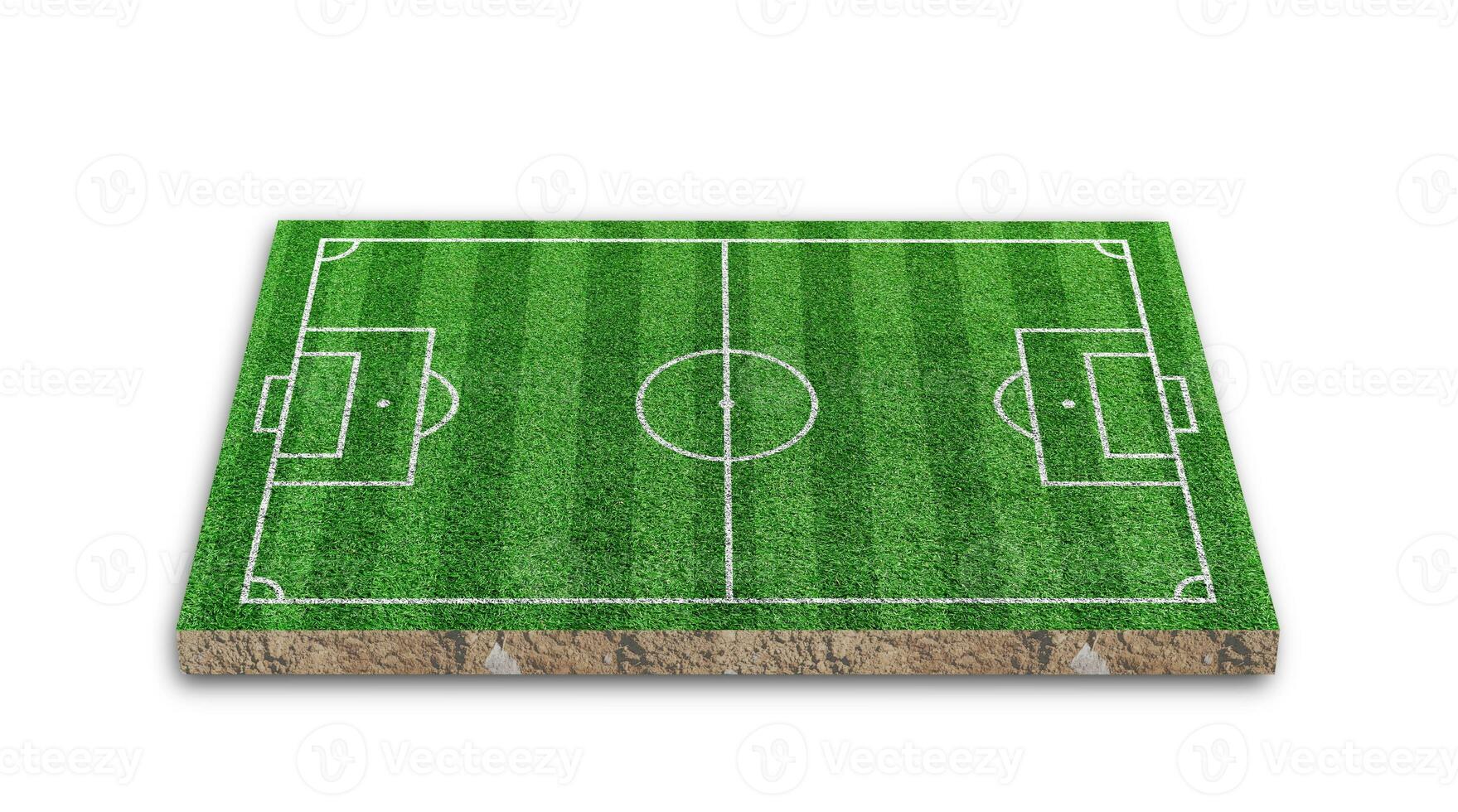 representación 3d césped de fútbol, campo de fútbol de hierba verde, aislado sobre fondo blanco. foto