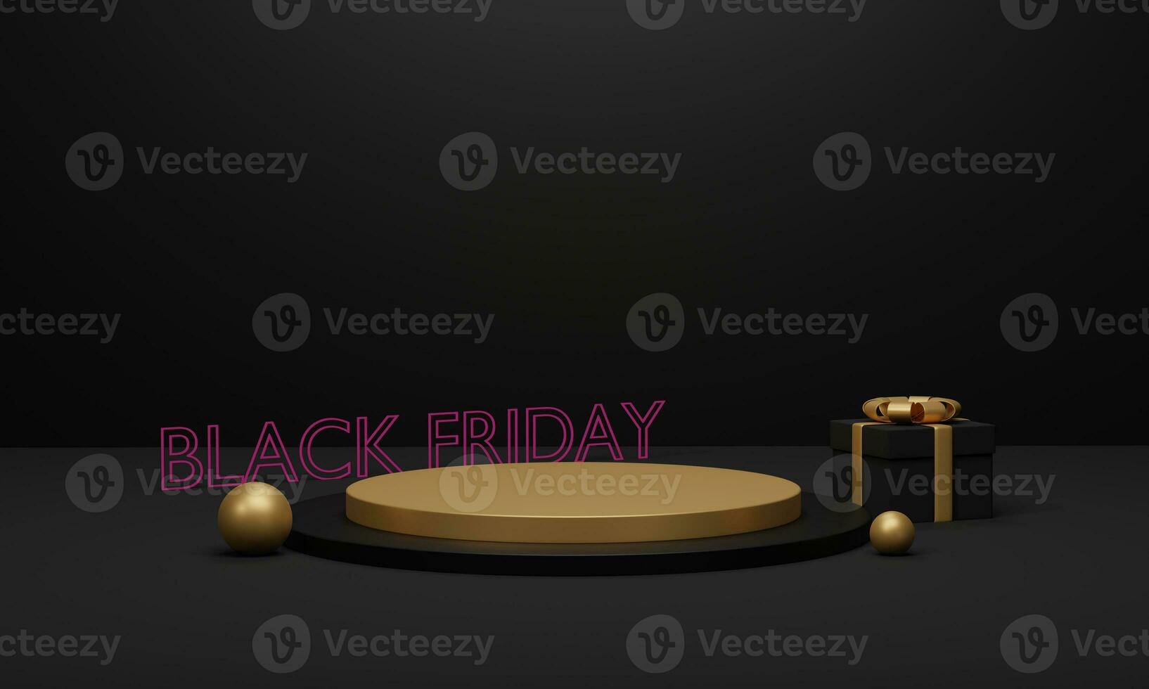 Black friday sale. Black podium and gift box with gold bows. Minimal product background for Christmas, New year and sale event concept. photo