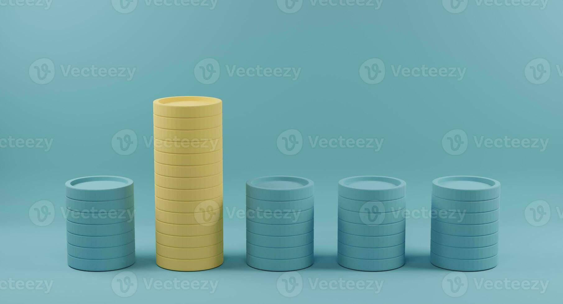 Yellow coin stacks standing out from crowd of identical blue fellows on light blue background. Concept of outstanding and different. 3d rendering. photo