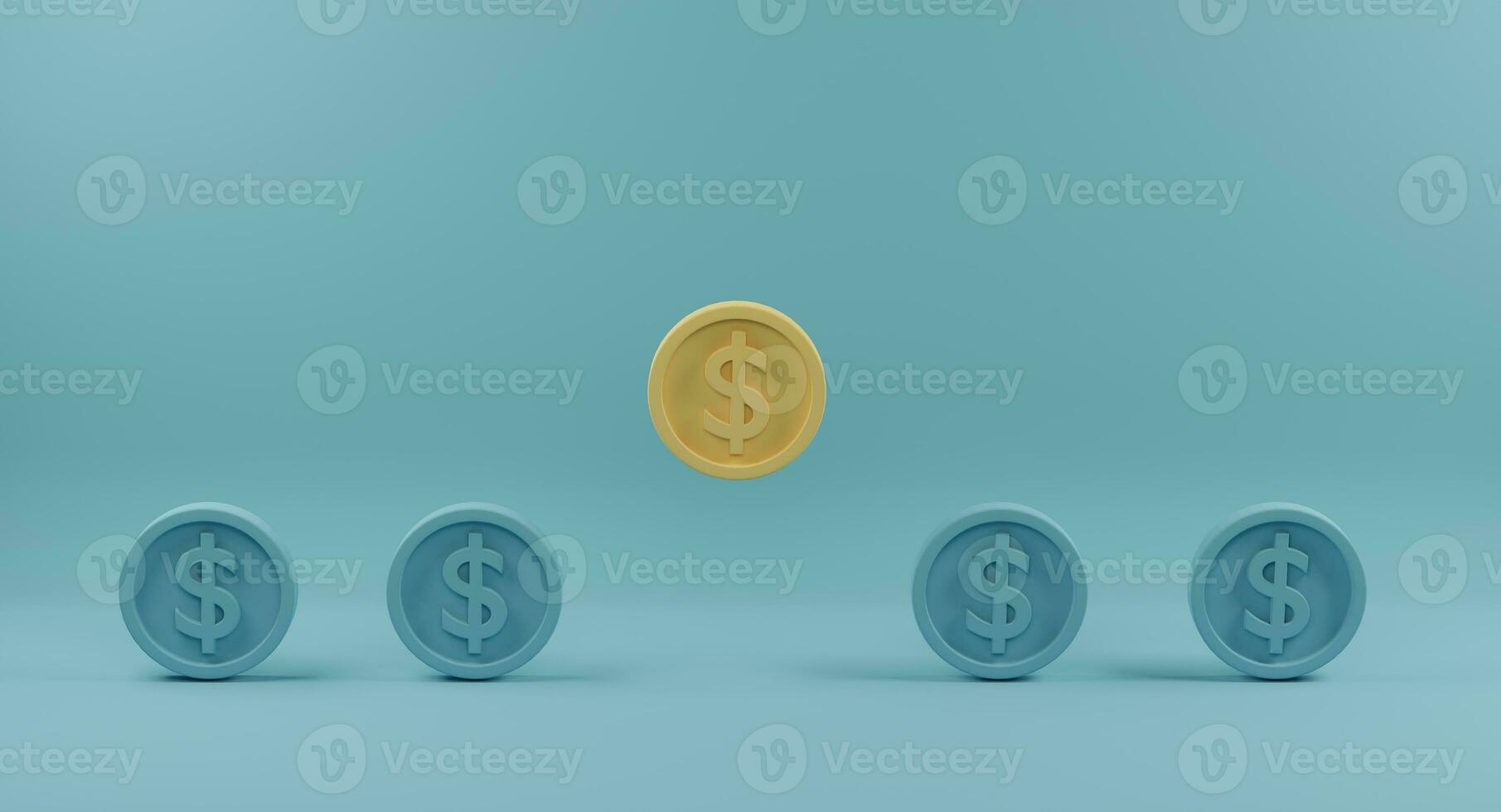 Yellow coin standing out from crowd of identical blue fellows on light blue background. Concept of outstanding and different. 3d rendering. photo