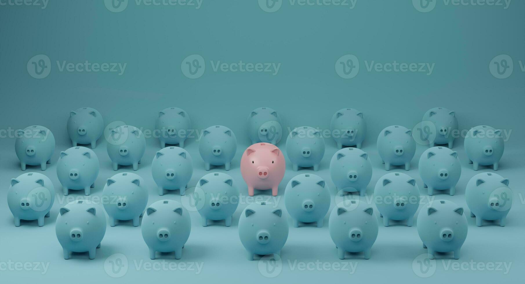 Pink piggy bank standing out from crowd of identical blue fellows. Concept of outstanding and different. 3d rendering. photo