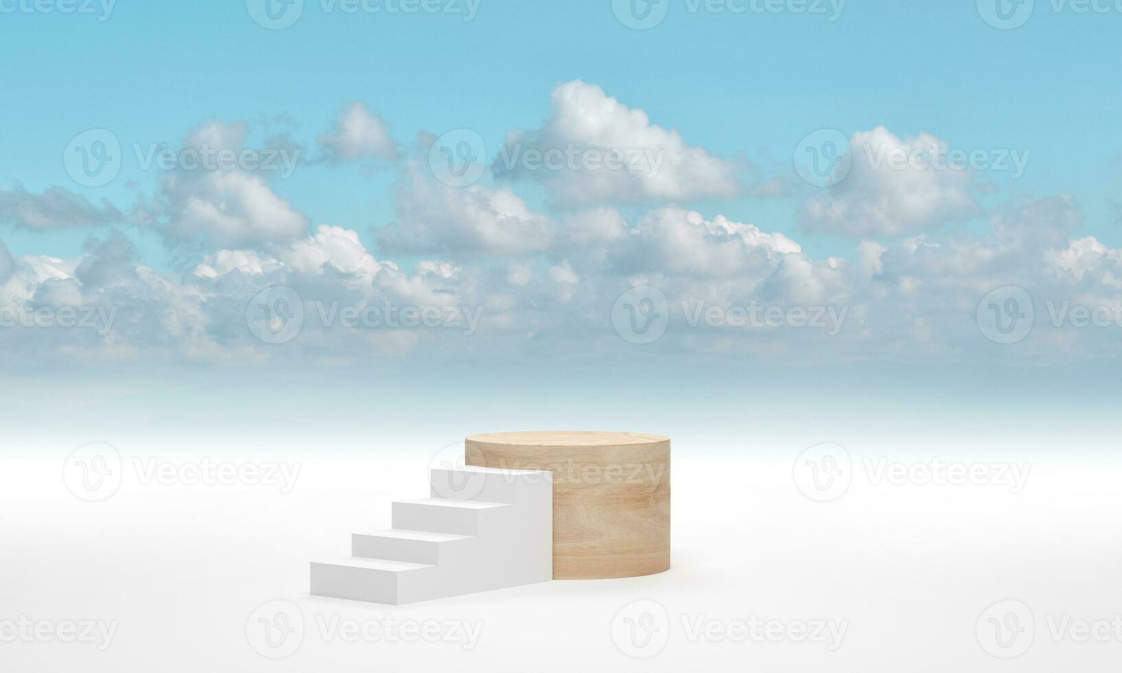 podio de cilindro de madera contra escalera blanca sobre el fondo de nubes de cielo azul. renderizado 3d foto