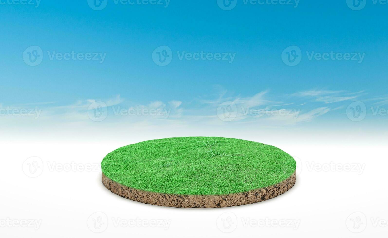 Representación 3d, podio circular de pradera terrestre. sección transversal del suelo con hierba verde sobre fondo de cielo azul. foto