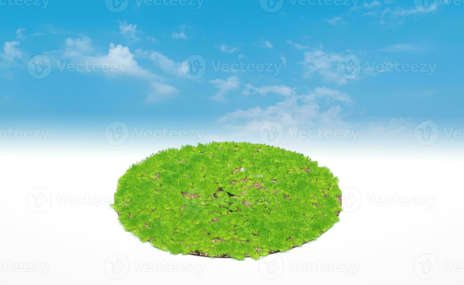 Representación 3d, podio circular de pradera terrestre. sección transversal del suelo con hierba verde sobre fondo de cielo azul. foto