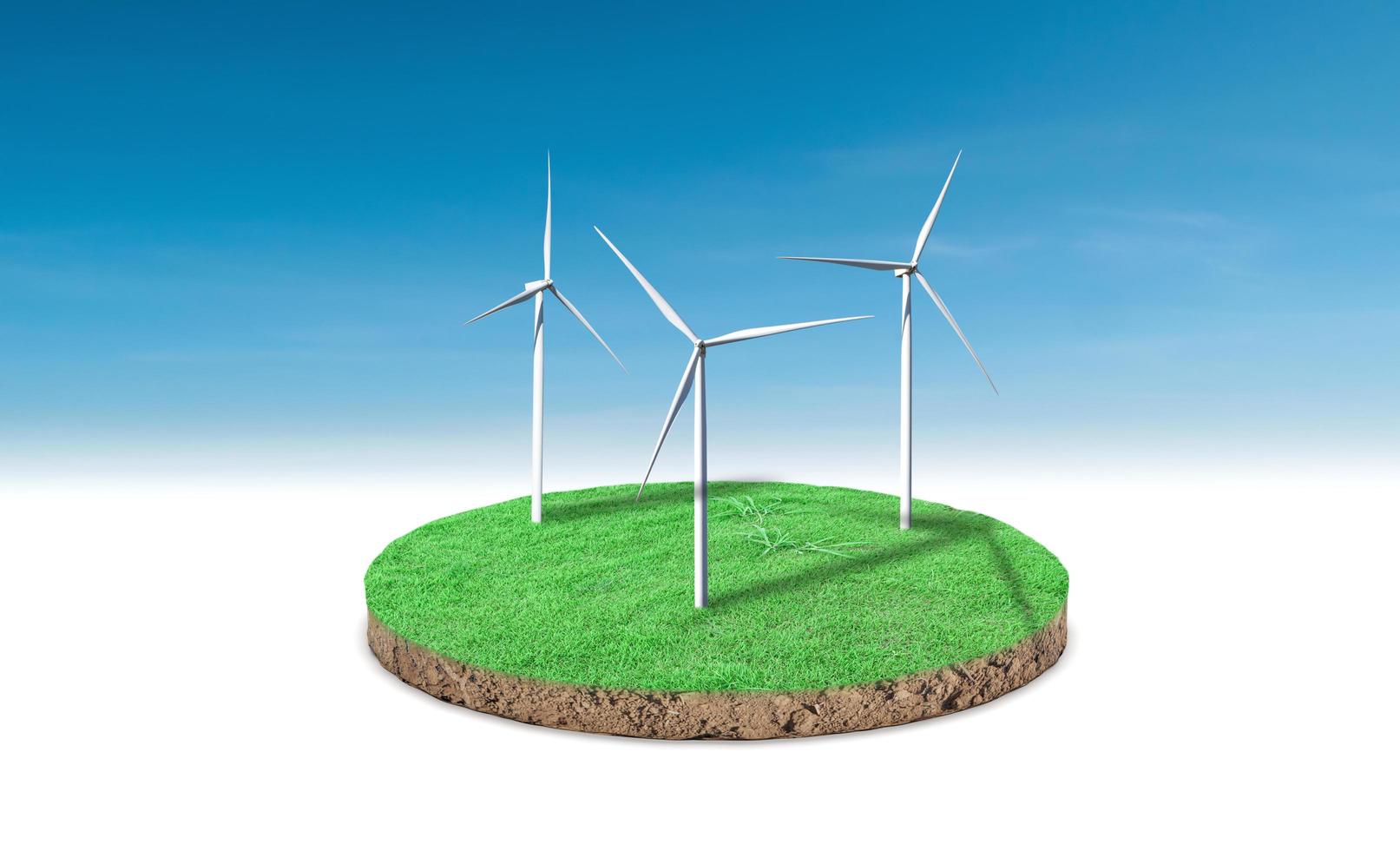 3d rendering. Cross section of green grass with wind turbine over blue sky background. photo