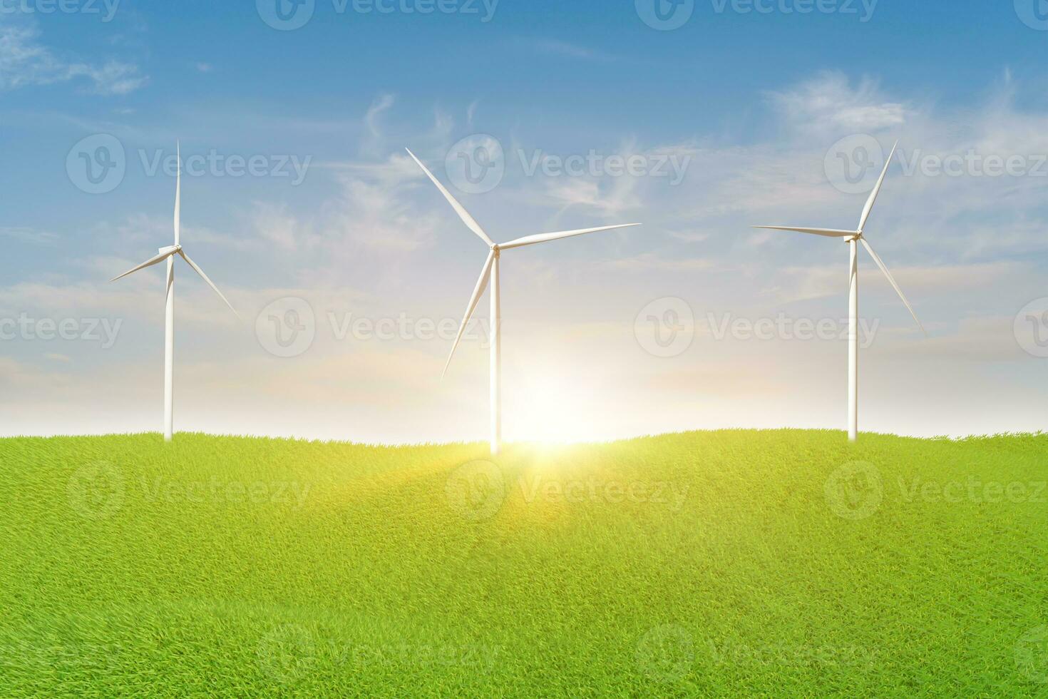 3d rendering. Landscape with wind turbine in green field over blue sky background. Ecology environmental concept. photo