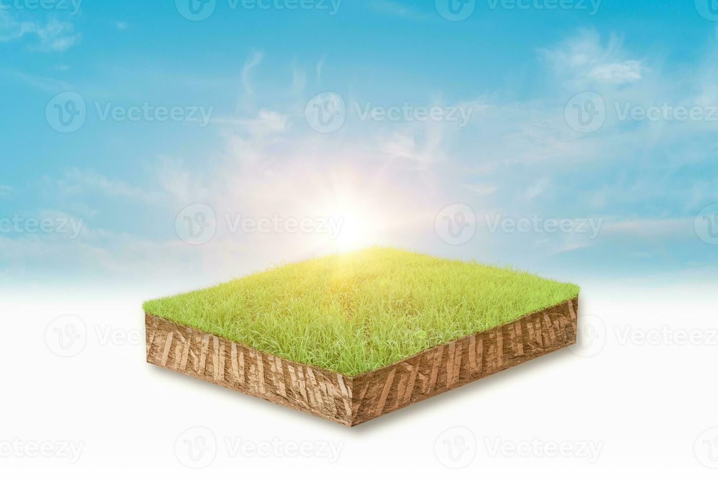 3d illustration of cubical soil slice, green grass floating over sky cloud background. photo