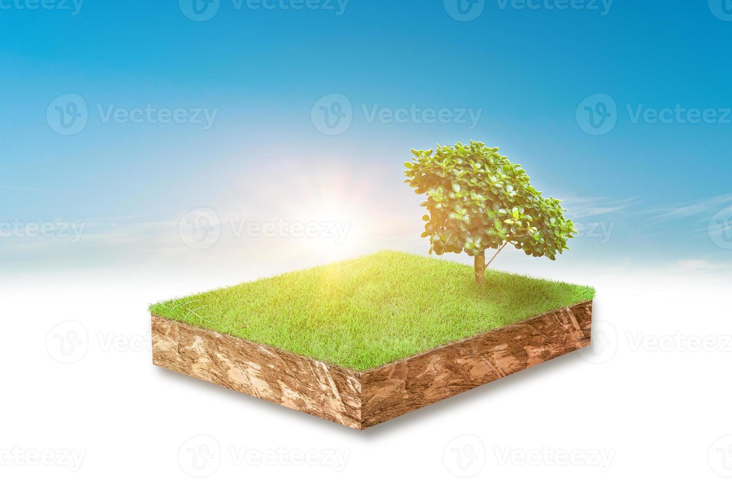 3d illustration of cubical soil slice, green grass with trees floating over sky cloud background. photo