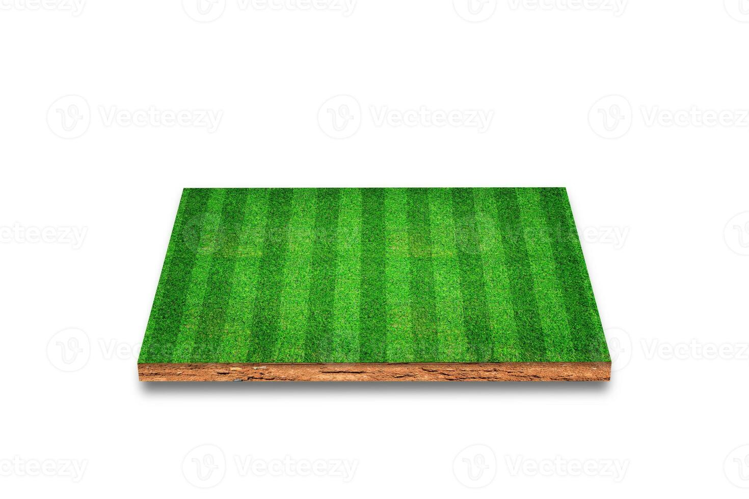 Soil cubical cross section with soccer field, green grass, Isolated on white background. 3D Rendering. photo