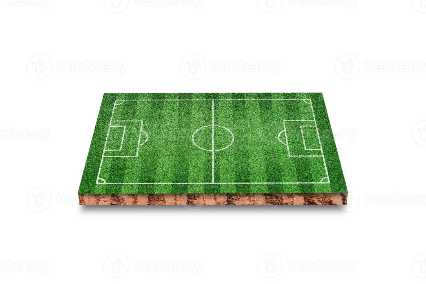 Soil cubic cross section with green grass football field isolated on white background. 3D rendering. photo