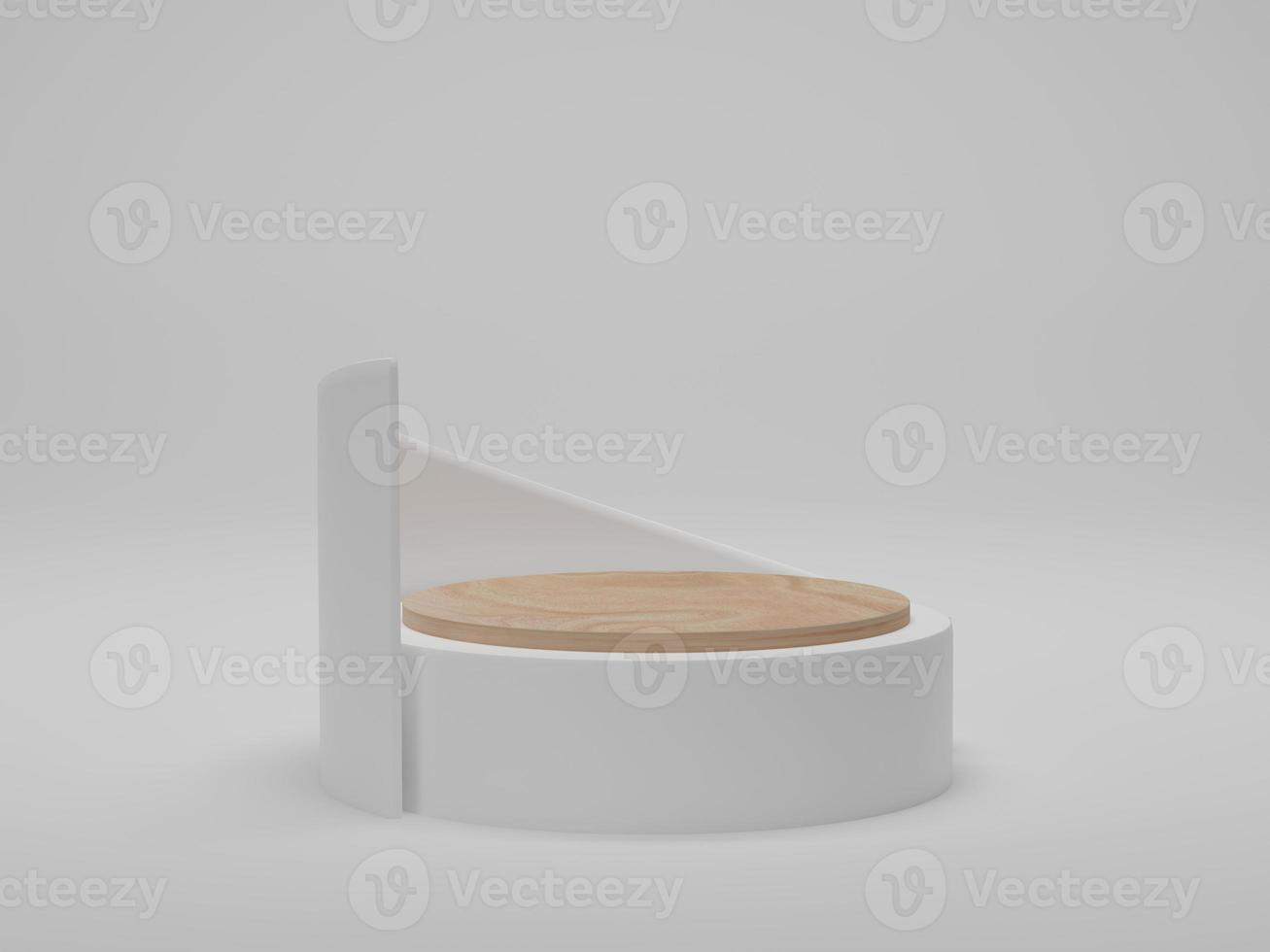 3d render. Abstract geometric background, cylinder podium, modern minimalist mockup. Wood podium on white background. photo