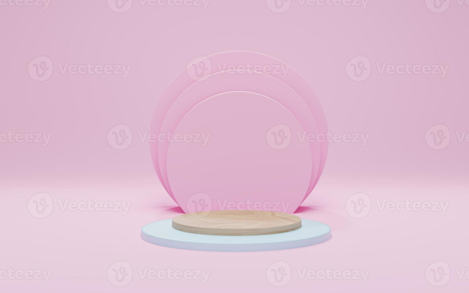 Wood podium on yellow background. Mock up for show cosmetic product display, Podium, stage pedestal. Abstract minimal scene with geometric forms. 3d render photo