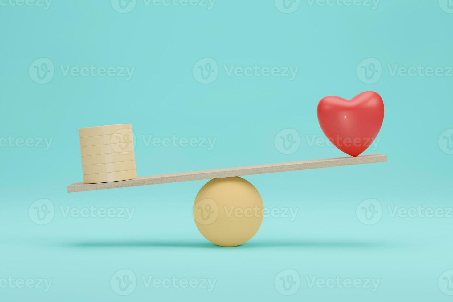 Heart and money scales concept. Importance between gold coin and love balance on scale. 3D Rendering. photo