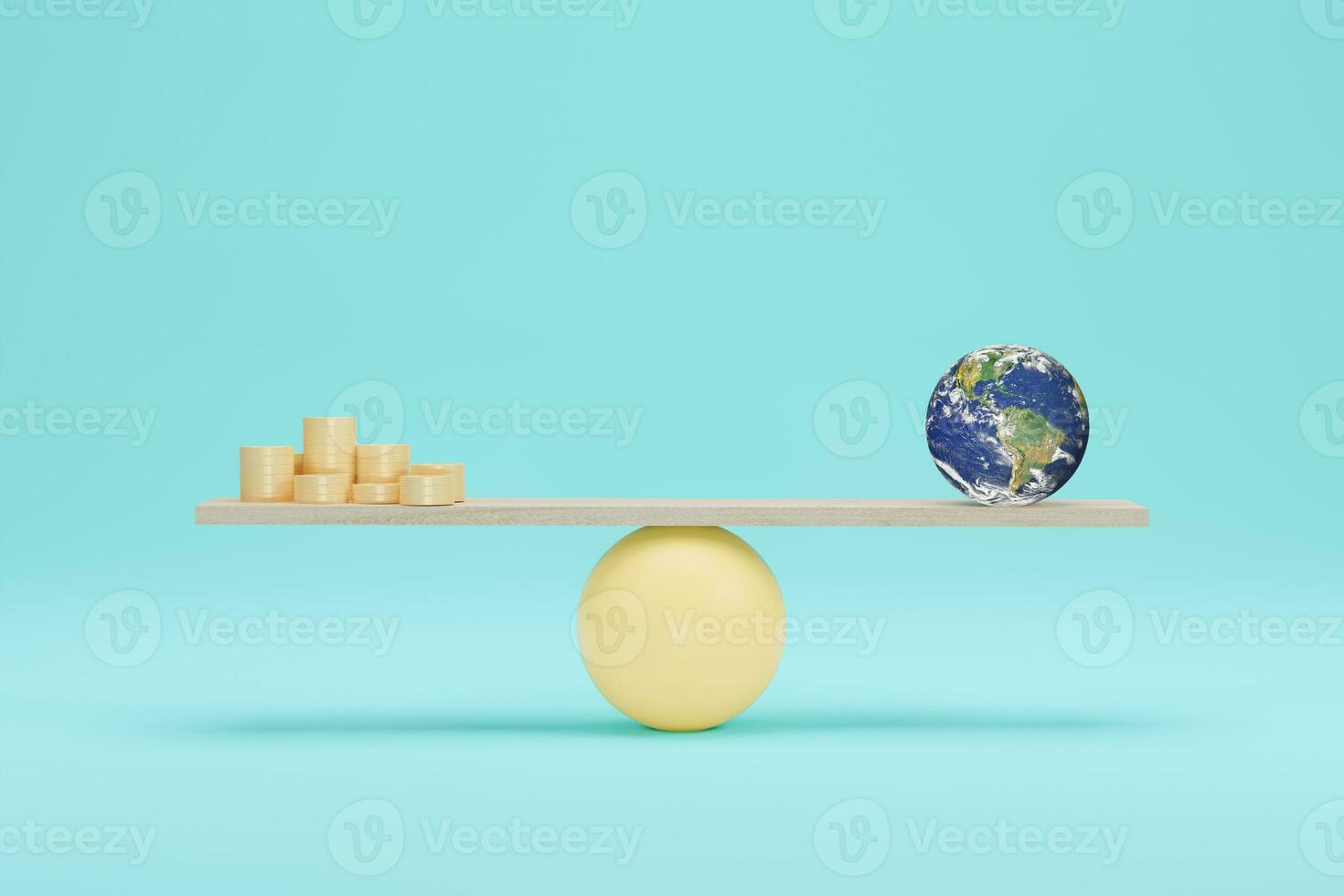 globo terráqueo vs moneda en escalas ilustración 3d. equilibrio en escala. elementos de esta imagen proporcionados por la nasa foto