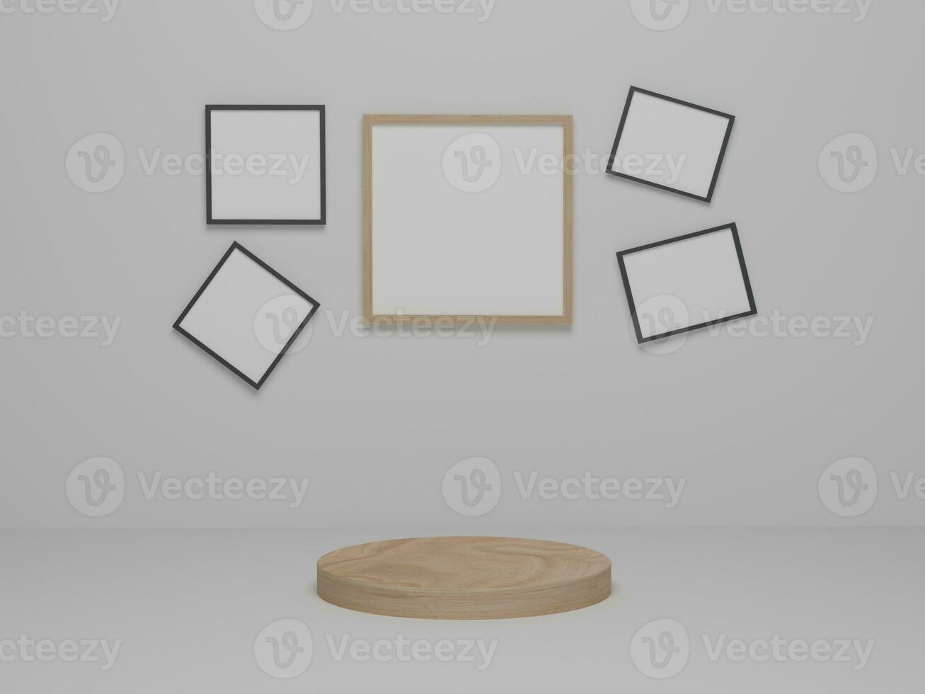 Background products minimal wood podium on white platform. Abstract minimalism with picture frame background. 3d render, 3d illustration photo