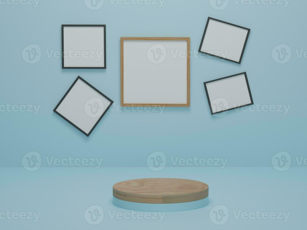 Geometric shape wood podium on blue background. Platforms for product presentation, mock up picture frame background. Abstract composition in minimal design. 3d rendering. photo