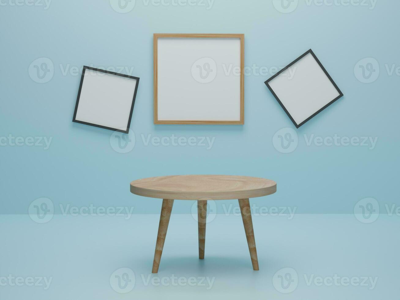Abstract minimal scene with geometric forms. round wood table with photo frame background presentation mockup. 3d render, 3d illustration
