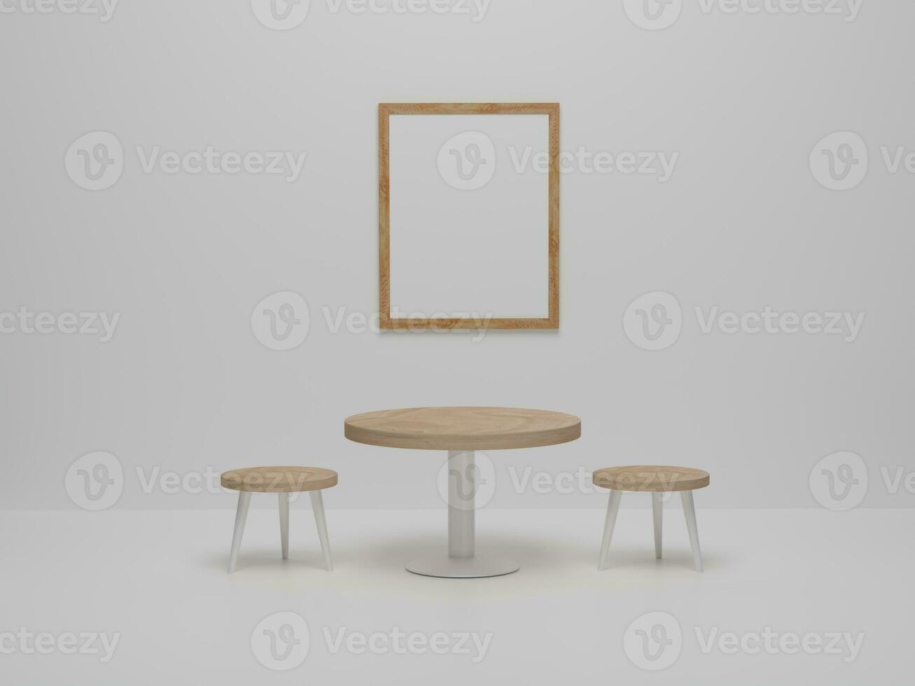 Mock up photo frame in dining room with wood chairs and table. Abstract minimal scene dining room design. 3D render, 3D illustration