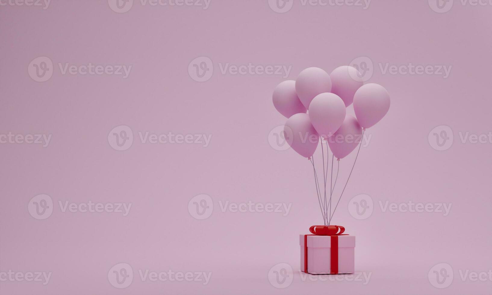 caja de regalo con globo sobre fondo rosa pastel. concepto de San Valentín o momento especial. espacio vacío para su decoración. representación 3d foto