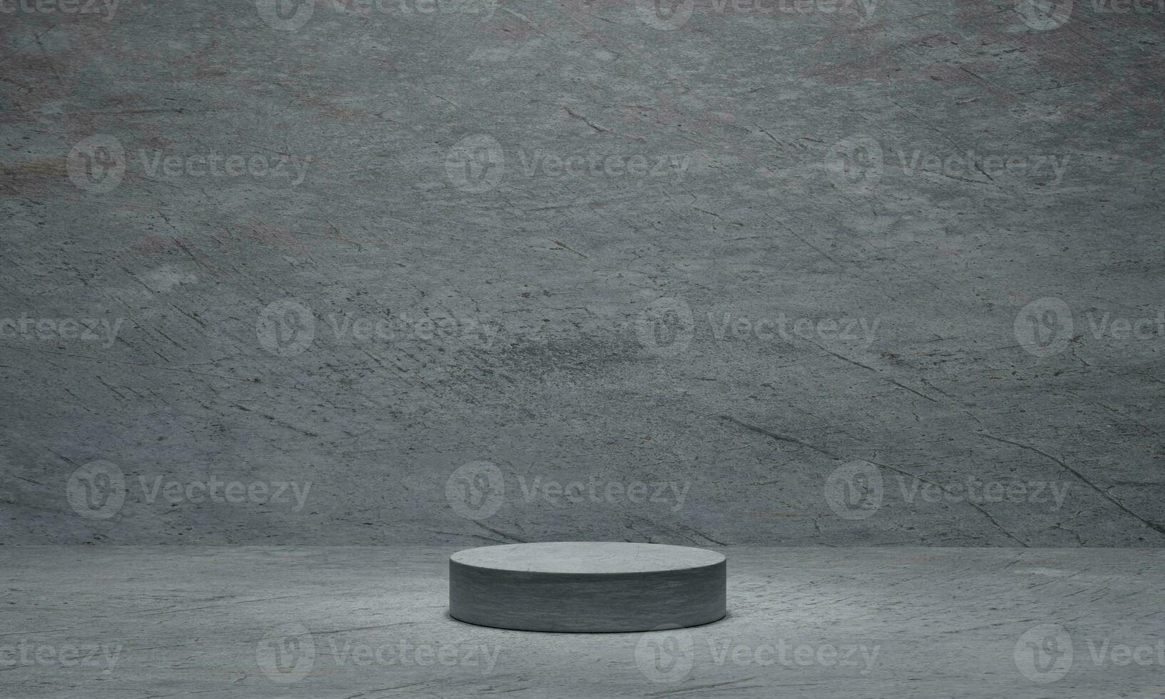 Cylinder concrete pedestal on grey cement background. Platform, Pedestal, Podium. 3D rendering. photo