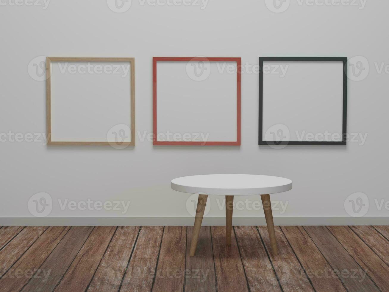 Abstract minimal scene with geometric forms. round table with photo frame background presentation mockup. 3d render, 3d illustration