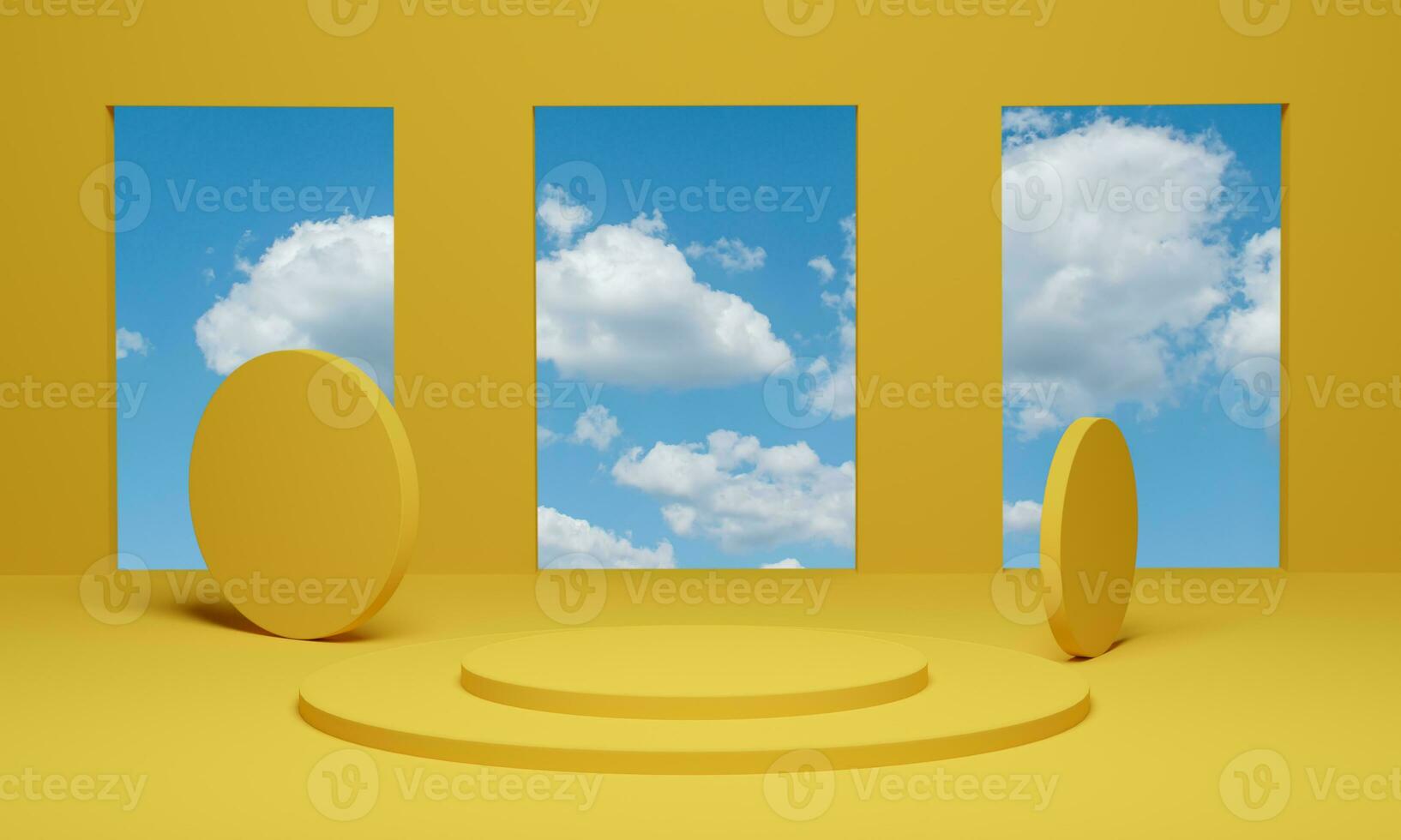 representación 3d fondo amarillo abstracto escena geométrica mínima con cielo azul nube. foto