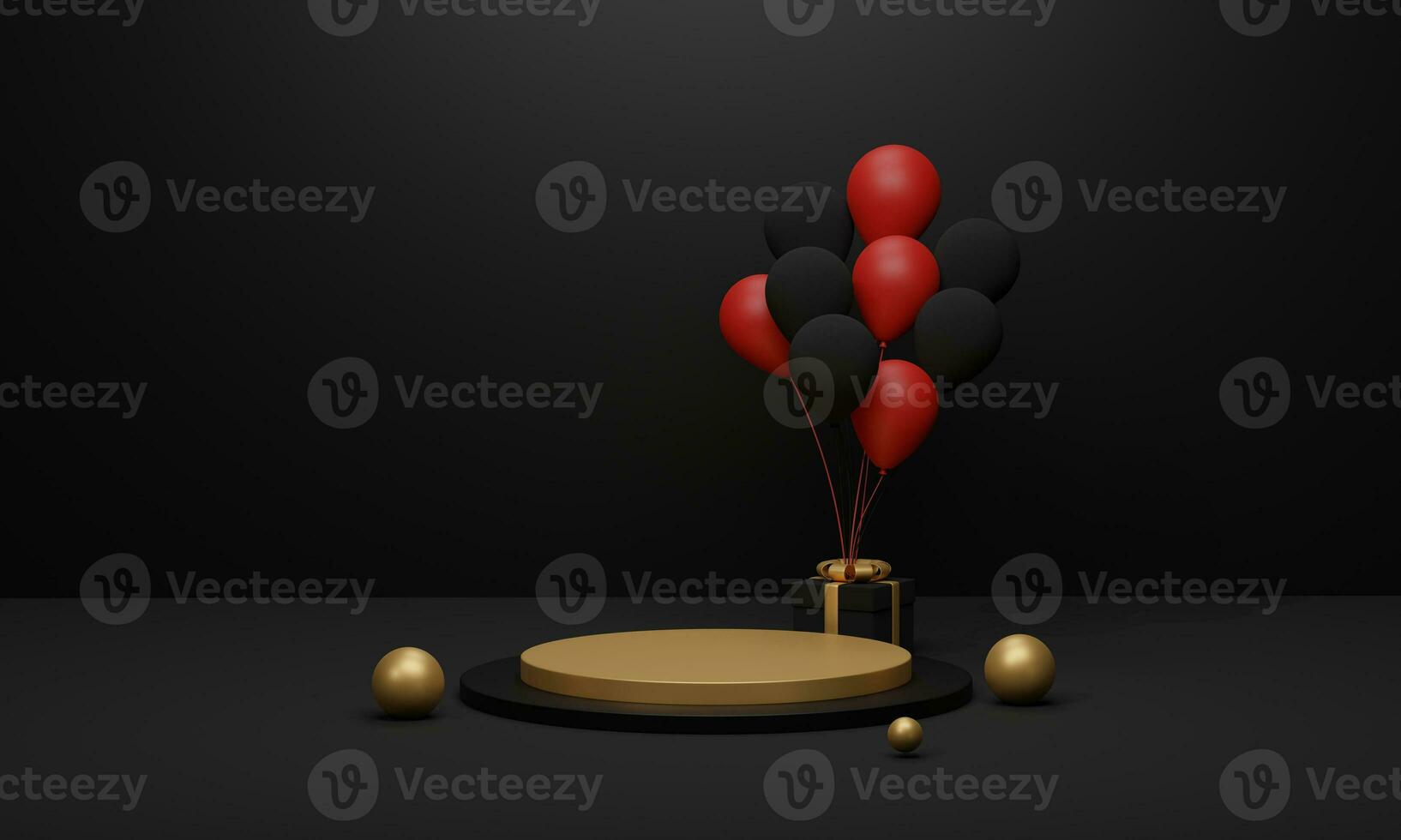 black, gold podium and black gift box with balloon. Minimal product background for Christmas, New year and sale event concept. 3D render photo