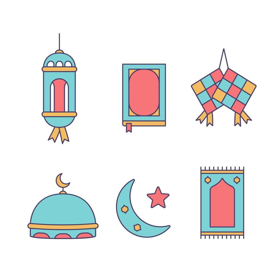 conjunto de iconos de ramadhan con lámpara de linterna, libro de al quran, ketupat, mezquita, alfombra de oración y luna creciente vector