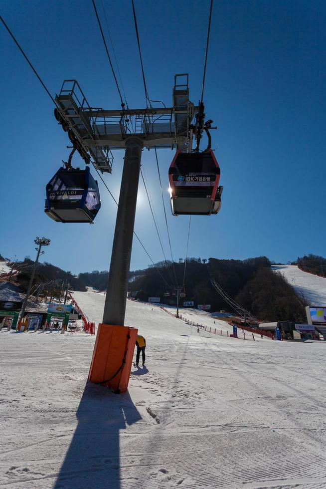 Gondola ski lift taking skiers up to the top at Vivaldi Park Ski World in Hongcheon city, Gangwon Province, South Korea on March 7, 2014. photo