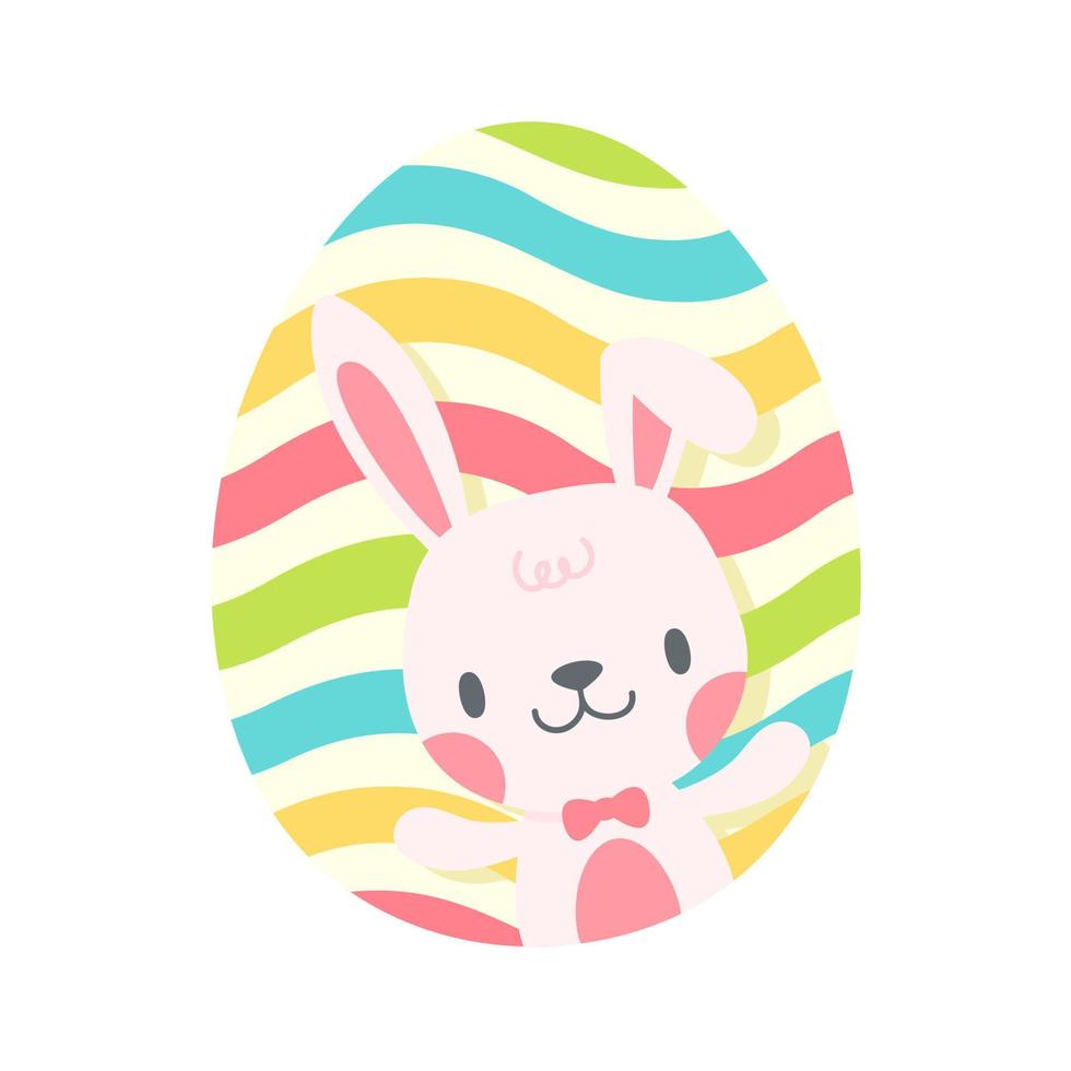 un pequeño conejito sale de un colorido huevo de Pascua. tarjeta decorativa de dibujos animados para niños vector