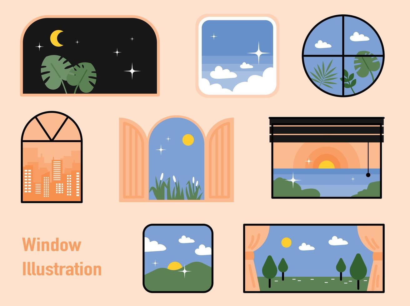 A collection of different window frames. There is a landscape outside the window. vector