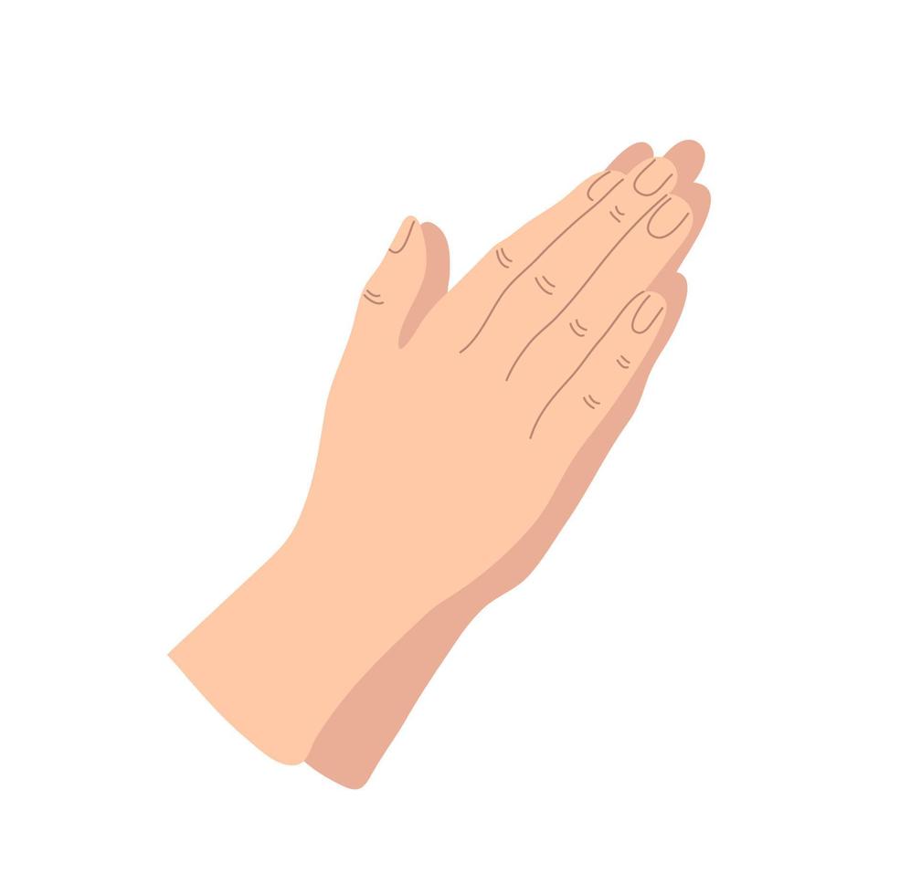 Praying hands drawn in simple line icon illustration with colored skin on flat style. The concept of prayer vector