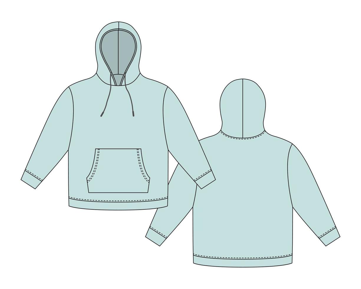 Hoodie template in eggshell blue color. Apparel hoody technical sketch mockup. vector