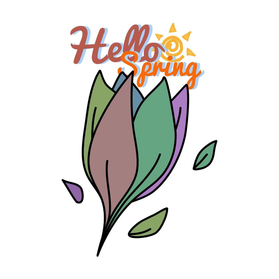 vista de cerca de la palabra primavera hecha de letras sobre el fondo de los pétalos de tulipán. tarjeta de felicitación festiva, plantilla de diseño de vacaciones. vector