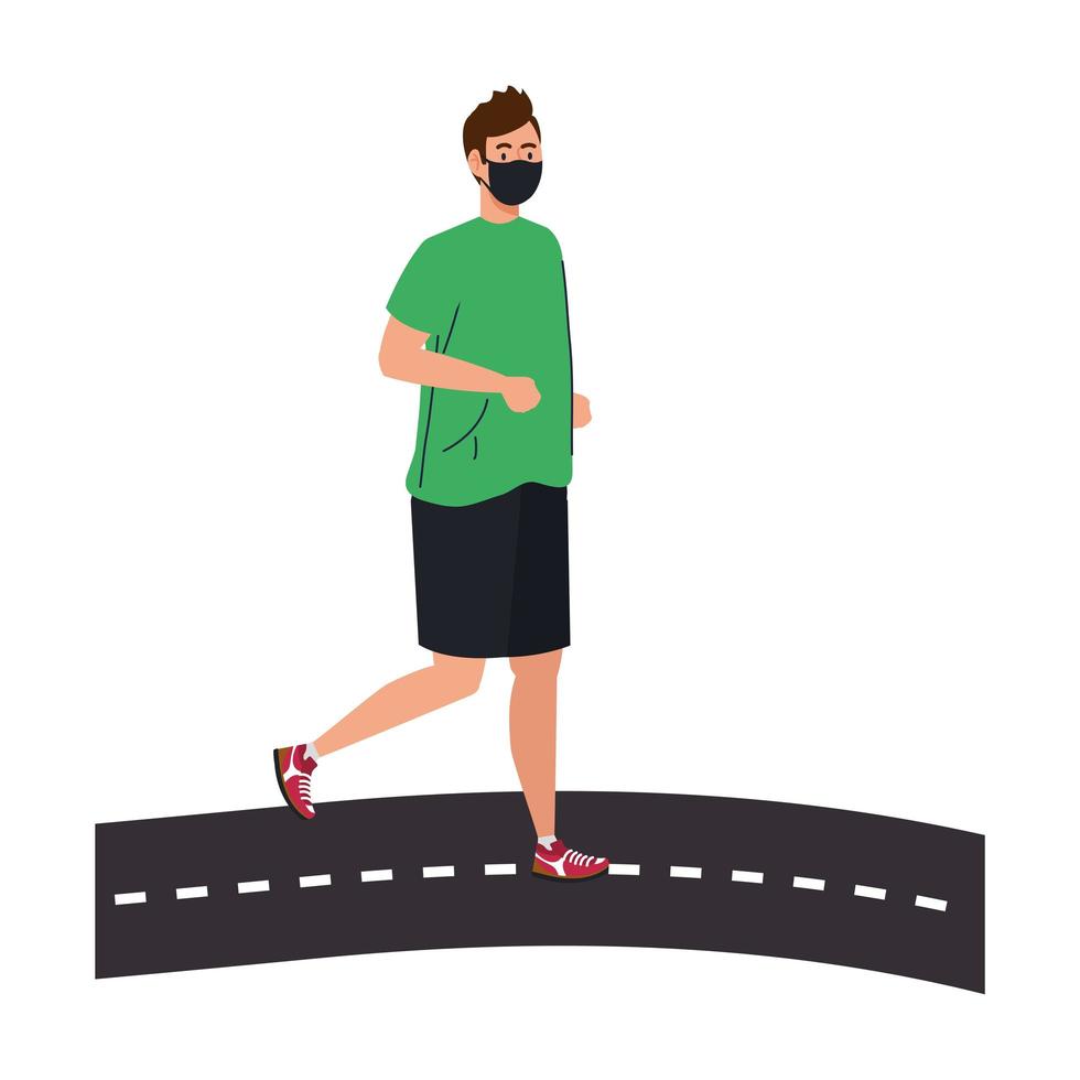 Hombre con máscara y ropa deportiva corriendo en la calle diseño vectorial vector