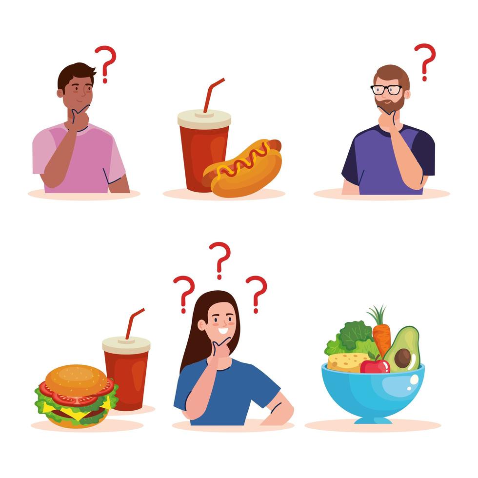 hombres y mujeres pensando qué comer diseño vectorial vector