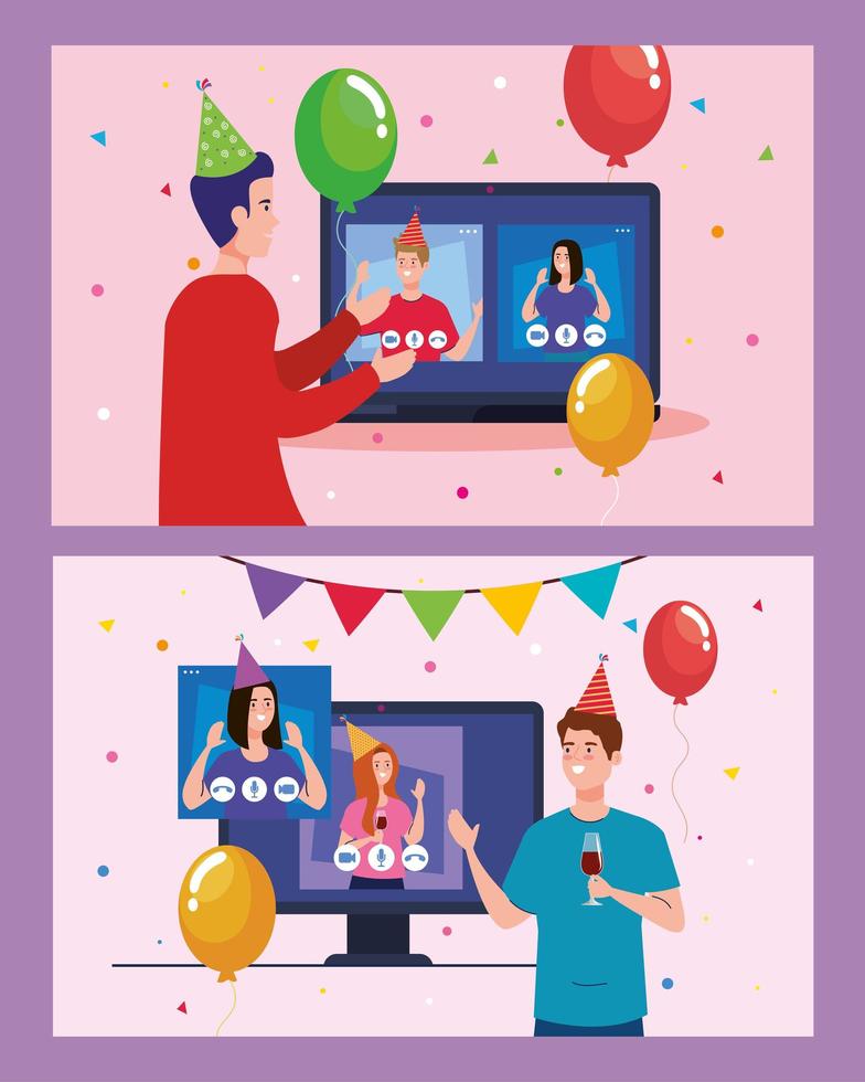 women and men with party hats and balloons in video conference vector design