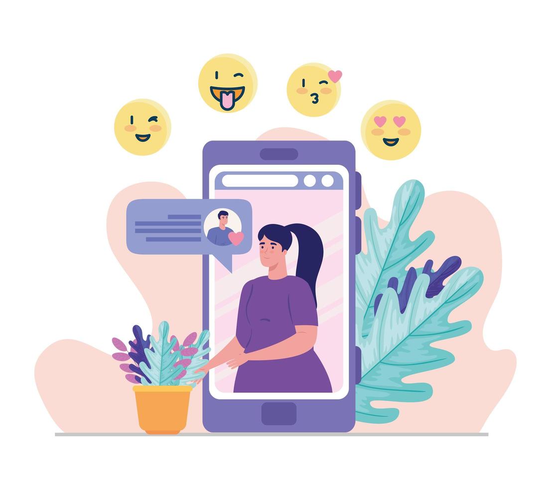 mujer en diseño de vector de chat de teléfono inteligente