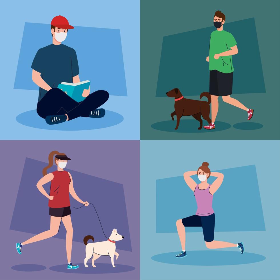 Men and women with masks doing activities vector design